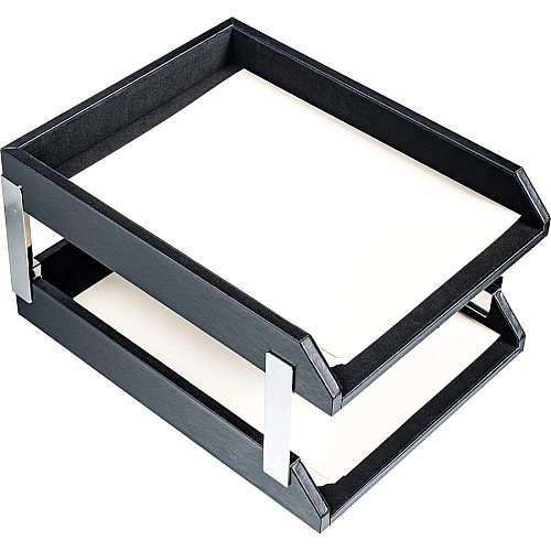 Dacasso Classic Leather Double Letter Trays Desktop - Black - Top Grain Leather, Velveteen - 1 Each (A1022)