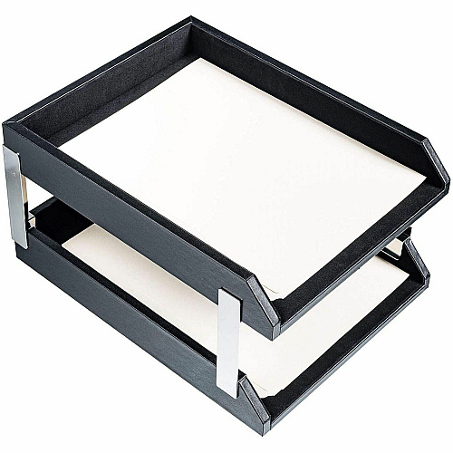 Dacasso Classic Leather Double Letter Trays Desktop - Black - Top Grain Leather, Velveteen - 1 Each (A1022)