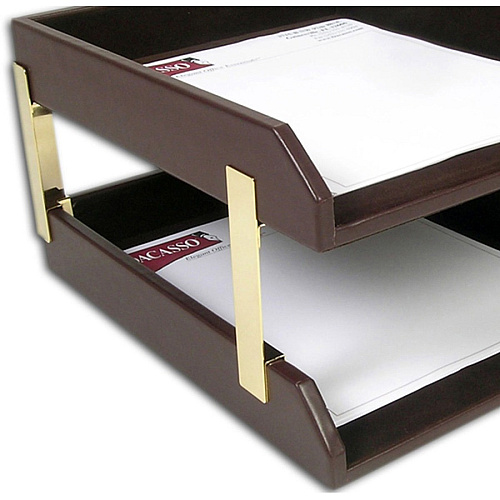 Dacasso Leather Double Legal-Size Trays Desktop - Chocolate Brown - Top Grain Leather, Velveteen, Felt - 1 Each (A3421)