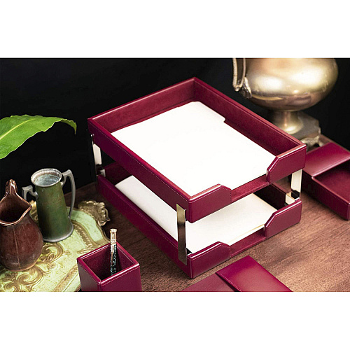Dacasso Bonded Leather Double Letter Trays Desktop - Burgundy - Bonded Leather, Velveteen - 1 Each (A5222)