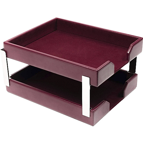 Dacasso Bonded Leather Double Letter Trays Desktop - Burgundy - Bonded Leather, Velveteen - 1 Each (A5222)