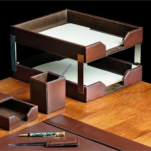 Dacasso Bonded Leather Double Letter Trays Desktop - Dark Brown - Bonded Leather, Velveteen - 1 Each (A3622)