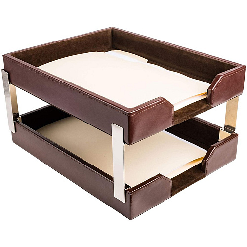 Dacasso Bonded Leather Double Letter Trays Desktop - Dark Brown - Bonded Leather, Velveteen - 1 Each (A3622)