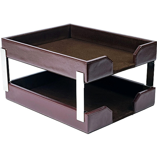 Dacasso Bonded Leather Double Letter Trays Desktop - Dark Brown - Bonded Leather, Velveteen - 1 Each (A3622)