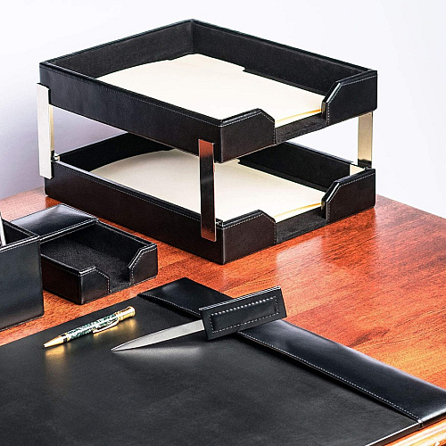 Dacasso Bonded Leather Double Letter Trays Desktop - Black - Bonded Leather, Velveteen - 1 Each (A1422)