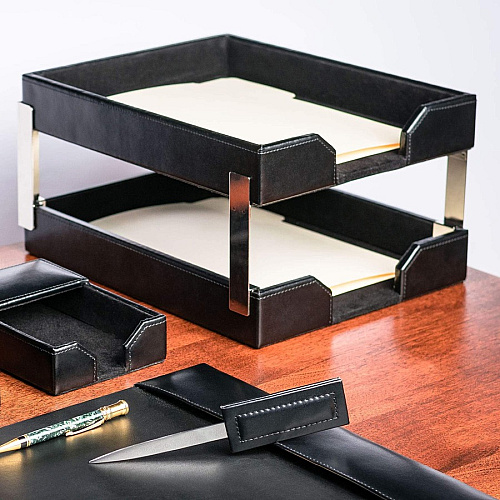 Dacasso Bonded Leather Double Letter Trays Desktop - Black - Bonded Leather, Velveteen - 1 Each (A1422)