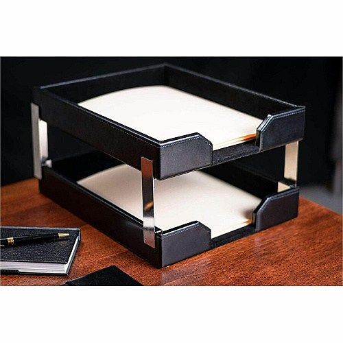 Dacasso Bonded Leather Double Letter Trays Desktop - Black - Bonded Leather, Velveteen - 1 Each (A1422)