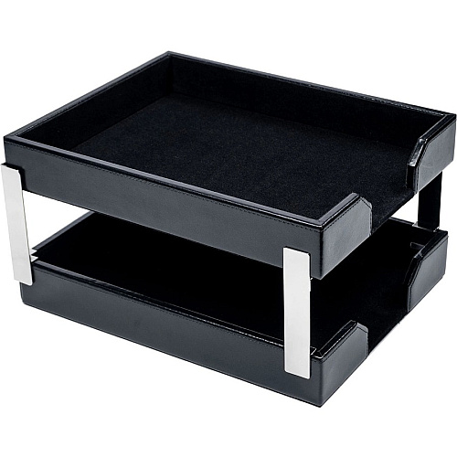 Dacasso Bonded Leather Double Letter Trays Desktop - Black - Bonded Leather, Velveteen - 1 Each (A1422)