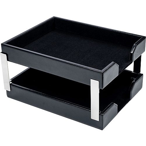 Dacasso Bonded Leather Double Letter Trays Desktop - Black - Bonded Leather, Velveteen - 1 Each (A1422)