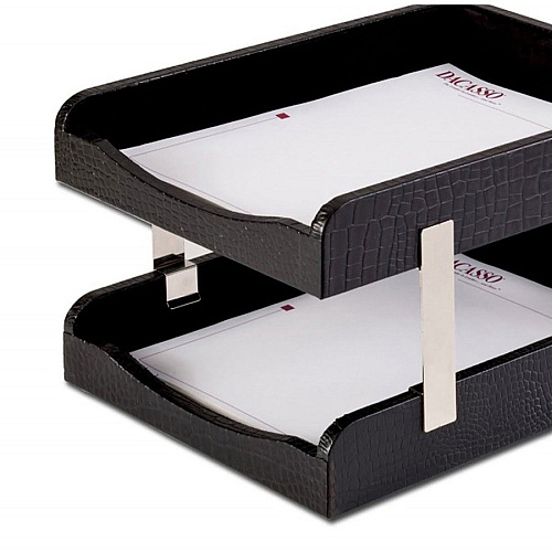 Dacasso Crocodile Embossed Black Leather Double Letter Trays Desktop - Black - Leather, Velveteen - 1 Each (A2220)