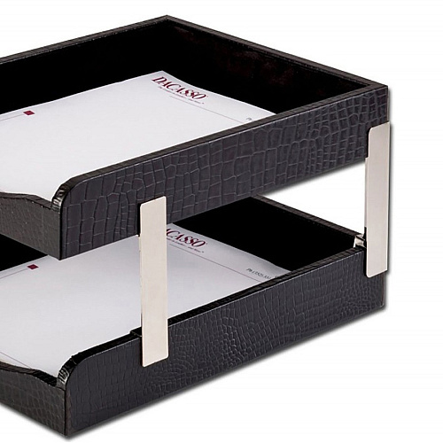 Dacasso Crocodile Embossed Black Leather Double Letter Trays Desktop - Black - Leather, Velveteen - 1 Each (A2220)