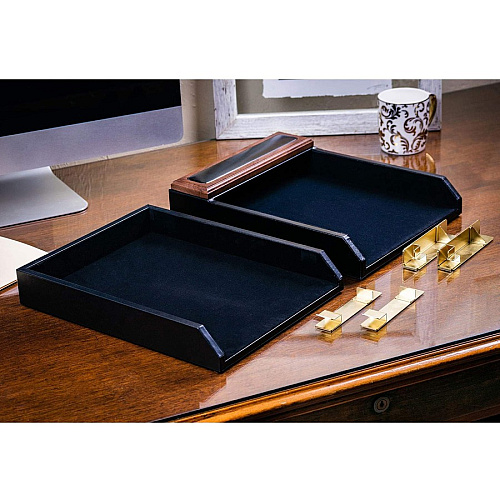 Dacasso Walnut & Leather Double Letter Trays Desktop - Black - Top Grain Leather, Walnut, Velveteen - 1 Each (A8420)