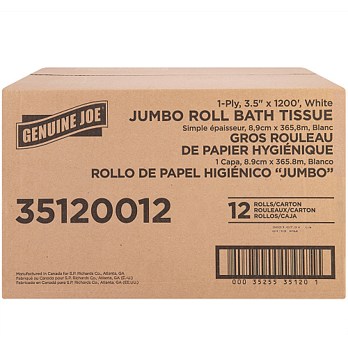 Genuine Joe&reg; Standard Toilet Paper, 1-Ply, 1,200-ft., 12 Rolls 1 Ply - 3.63" Width x 1200 ft Length - 8.88" Roll Diameter - White - Fiber - 12 / Carton (GJO35120012)