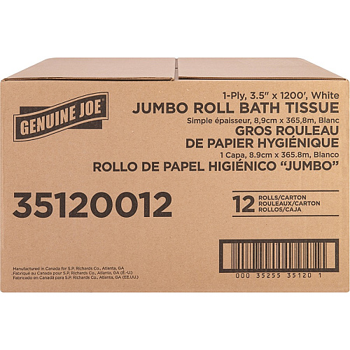 Genuine Joe&reg; Standard Toilet Paper, 1-Ply, 1,200-ft., 12 Rolls 1 Ply - 3.63" Width x 1200 ft Length - 8.88" Roll Diameter - White - Fiber - 12 / Carton (GJO35120012)