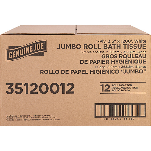 Genuine Joe&reg; Standard Toilet Paper, 1-Ply, 1,200-ft., 12 Rolls 1 Ply - 3.63" Width x 1200 ft Length - 8.88" Roll Diameter - White - Fiber - 12 / Carton (GJO35120012)