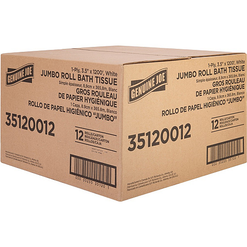 Genuine Joe&reg; Standard Toilet Paper, 1-Ply, 1,200-ft., 12 Rolls 1 Ply - 3.63" Width x 1200 ft Length - 8.88" Roll Diameter - White - Fiber - 12 / Carton (GJO35120012)