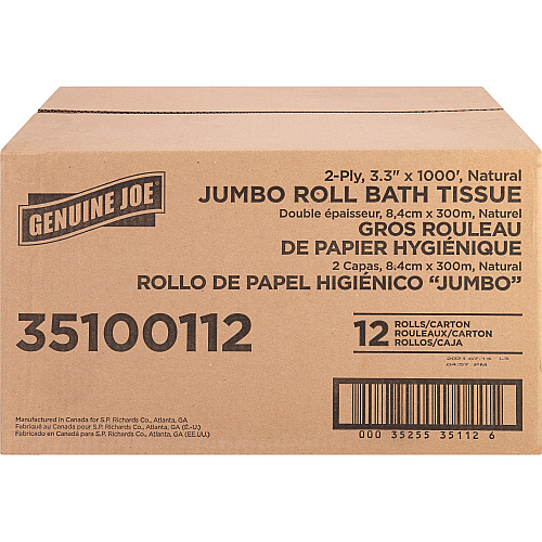 Genuine Joe&reg; Jumbo Jr. Toilet Paper, 2-Ply, 1000-ft. Roll, 12 Rolls 2 Ply - 3.30" Width x 1000 ft Length - 8.88" Roll Diameter - White - Fiber - 12 / Carton (GJO35100112)