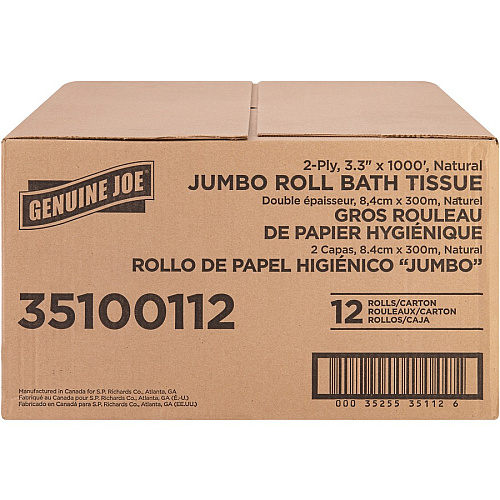 Genuine Joe&reg; Jumbo Jr. Toilet Paper, 2-Ply, 1000-ft. Roll, 12 Rolls 2 Ply - 3.30" Width x 1000 ft Length - 8.88" Roll Diameter - White - Fiber - 12 / Carton (GJO35100112)