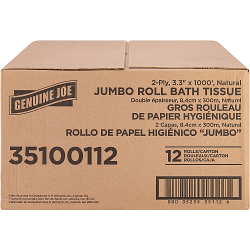 Genuine Joe&reg; Jumbo Jr. Toilet Paper, 2-Ply, 1000-ft. Roll, 12 Rolls 2 Ply - 3.30" Width x 1000 ft Length - 8.88" Roll Diameter - White - Fiber - 12 / Carton (GJO35100112)