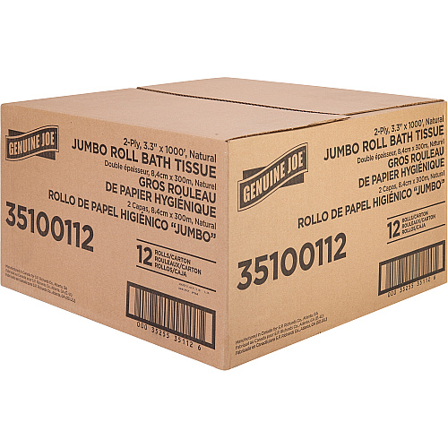 Genuine Joe&reg; Jumbo Jr. Toilet Paper, 2-Ply, 1000-ft. Roll, 12 Rolls 2 Ply - 3.30" Width x 1000 ft Length - 8.88" Roll Diameter - White - Fiber - 12 / Carton (GJO35100112)