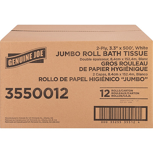 Genuine Joe&reg; Jumbo Jr. Toilet Paper, 2-Ply, 500-ft. Roll, 12 Rolls 2 Ply - 3.30" Width x 500 ft Length - 8.88" Roll Diameter - White - Fiber - 12 / Carton (GJO3550012)
