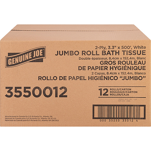 Genuine Joe&reg; Jumbo Jr. Toilet Paper, 2-Ply, 500-ft. Roll, 12 Rolls 2 Ply - 3.30" Width x 500 ft Length - 8.88" Roll Diameter - White - Fiber - 12 / Carton (GJO3550012)