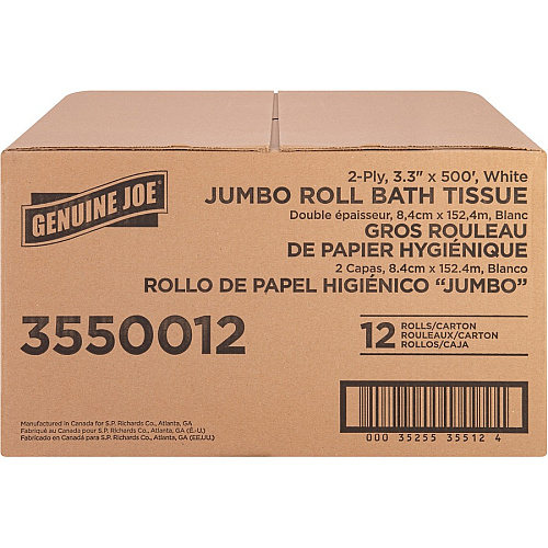 Genuine Joe&reg; Jumbo Jr. Toilet Paper, 2-Ply, 500-ft. Roll, 12 Rolls 2 Ply - 3.30" Width x 500 ft Length - 8.88" Roll Diameter - White - Fiber - 12 / Carton (GJO3550012)