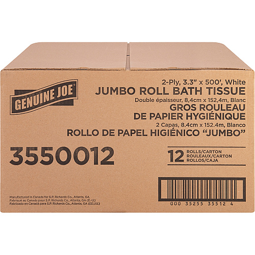 Genuine Joe&reg; Jumbo Jr. Toilet Paper, 2-Ply, 500-ft. Roll, 12 Rolls 2 Ply - 3.30" Width x 500 ft Length - 8.88" Roll Diameter - White - Fiber - 12 / Carton (GJO3550012)