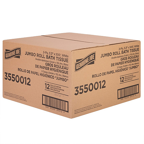 Genuine Joe&reg; Jumbo Jr. Toilet Paper, 2-Ply, 500-ft. Roll, 12 Rolls 2 Ply - 3.30" Width x 500 ft Length - 8.88" Roll Diameter - White - Fiber - 12 / Carton (GJO3550012)