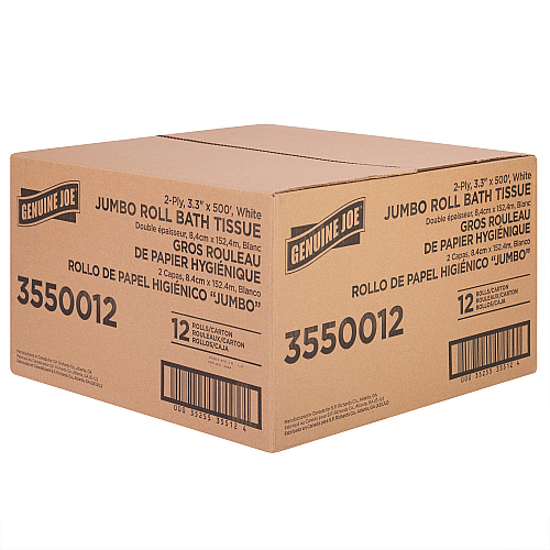 Genuine Joe&reg; Jumbo Jr. Toilet Paper, 2-Ply, 500-ft. Roll, 12 Rolls 2 Ply - 3.30" Width x 500 ft Length - 8.88" Roll Diameter - White - Fiber - 12 / Carton (GJO3550012)