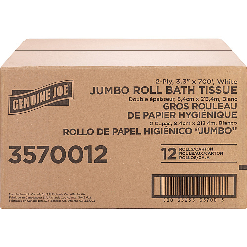 Genuine Joe&reg; Jumbo Jr. Toilet Paper Roll, 2-Ply, 700-ft., 12 Rolls 2 Ply - 3.30" Width x 700 ft Length - 8.88" Roll Diameter - White - Fiber - 12 / Carton (GJO3570012)