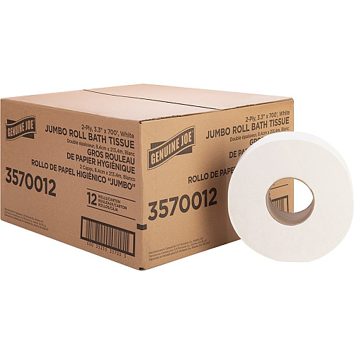 Genuine Joe&reg; Jumbo Jr. Toilet Paper Roll, 2-Ply, 700-ft., 12 Rolls 2 Ply - 3.30" Width x 700 ft Length - 8.88" Roll Diameter - White - Fiber - 12 / Carton (GJO3570012)