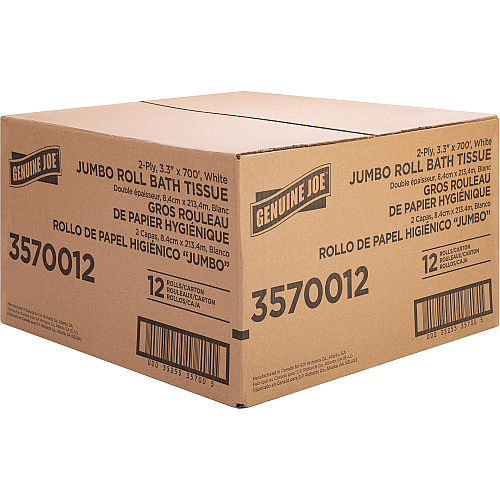 Genuine Joe&reg; Jumbo Jr. Toilet Paper Roll, 2-Ply, 700-ft., 12 Rolls 2 Ply - 3.30" Width x 700 ft Length - 8.88" Roll Diameter - White - Fiber - 12 / Carton (GJO3570012)