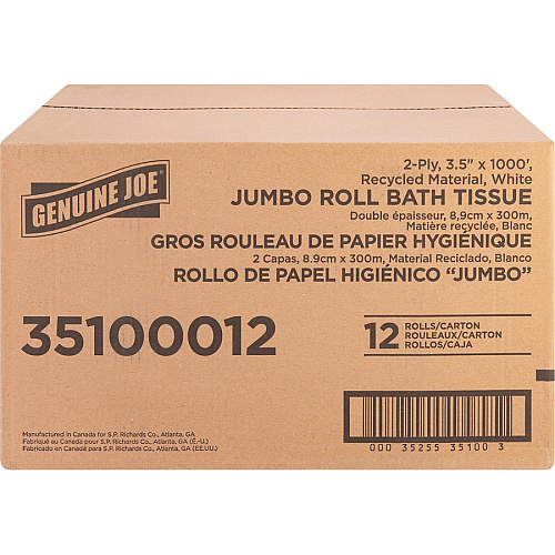Genuine Joe&reg; Jumbo Jr Dispenser Toilet Paper, 2-Ply, 1000 ft, 12 Rolls/Carton (GJO35100012)