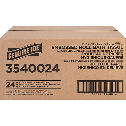 Genuine Joe&reg; Standard Toilet Paper, 2-Ply, 400 Sheets, 24 Rolls 2 Ply - 4" Width x 3.75" Length - 400 Sheets/Roll - Embossed - White - 24 / Carton (GJO3540024)
