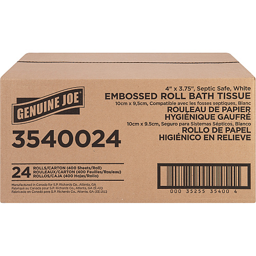 Genuine Joe&reg; Standard Toilet Paper, 2-Ply, 400 Sheets, 24 Rolls 2 Ply - 4" Width x 3.75" Length - 400 Sheets/Roll - Embossed - White - 24 / Carton (GJO3540024)