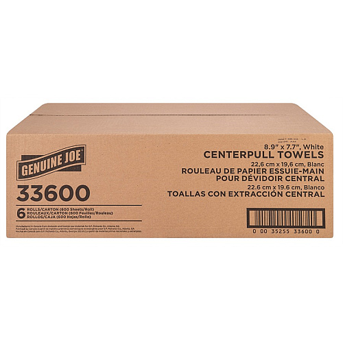 Genuine Joe Centerpull Towel Rolls 8.13" Width x 7.56" Length - 600 Sheets/Roll - 3" Core - White - Virgin Fiber - 6 / Carton (GJO33600)