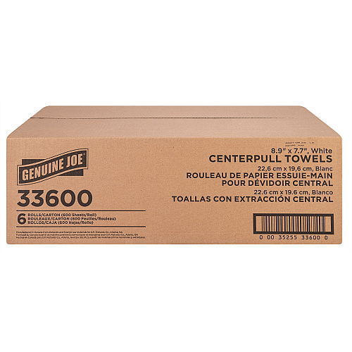 Genuine Joe Centerpull Towel Rolls 8.13" Width x 7.56" Length - 600 Sheets/Roll - 3" Core - White - Virgin Fiber - 6 / Carton (GJO33600)