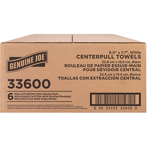 Genuine Joe Centerpull Towel Rolls 8.13" Width x 7.56" Length - 600 Sheets/Roll - 3" Core - White - Virgin Fiber - 6 / Carton (GJO33600)