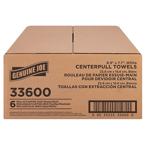 Genuine Joe Centerpull Towel Rolls 8.13" Width x 7.56" Length - 600 Sheets/Roll - 3" Core - White - Virgin Fiber - 6 / Carton (GJO33600)