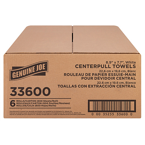 Genuine Joe Centerpull Towel Rolls 8.13" Width x 7.56" Length - 600 Sheets/Roll - 3" Core - White - Virgin Fiber - 6 / Carton (GJO33600)