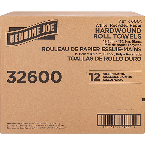 Genuine Joe Hardwound Roll Paper Towels 7.80" Width x 600 ft Length - 2" Core - Embossed Design - White - Paper - 12 / Carton (GJO32600)