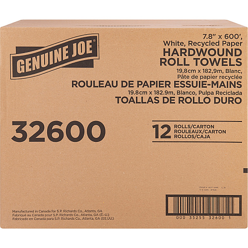 Genuine Joe Hardwound Roll Paper Towels 7.80" Width x 600 ft Length - 2" Core - Embossed Design - White - Paper - 12 / Carton (GJO32600)