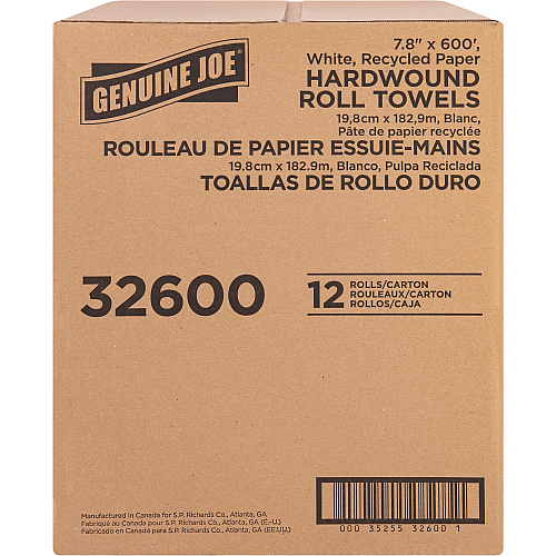 Genuine Joe Hardwound Roll Paper Towels 7.80" Width x 600 ft Length - 2" Core - Embossed Design - White - Paper - 12 / Carton (GJO32600)