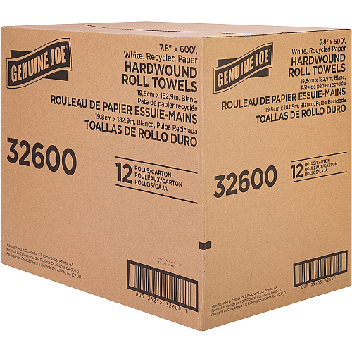 Genuine Joe Hardwound Roll Paper Towels 7.80" Width x 600 ft Length - 2" Core - Embossed Design - White - Paper - 12 / Carton (GJO32600)
