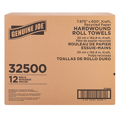 Genuine Joe Embossed Hardwound Roll Towels 7.88" Width x 600 ft Length - 2" Core - Embossed Design - Brown - 12 / Carton (GJO32500)