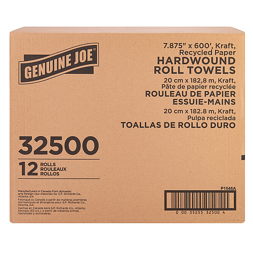 Genuine Joe Embossed Hardwound Roll Towels 7.88" Width x 600 ft Length - 2" Core - Embossed Design - Brown - 12 / Carton (GJO32500)