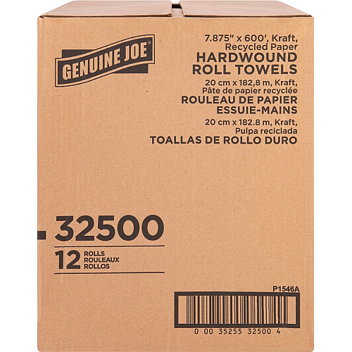 Genuine Joe Embossed Hardwound Roll Towels 7.88" Width x 600 ft Length - 2" Core - Embossed Design - Brown - 12 / Carton (GJO32500)