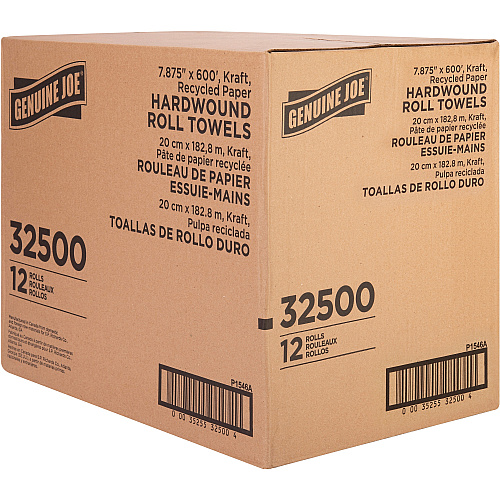 Genuine Joe Embossed Hardwound Roll Towels 7.88" Width x 600 ft Length - 2" Core - Embossed Design - Brown - 12 / Carton (GJO32500)