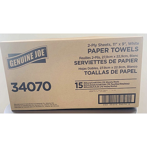 Genuine Joe 2-ply Paper Towel Rolls 2 Ply - 9" Width x 11" Length - 70 Sheets/Roll - White - Paper - 15 / Carton (GJO34070)